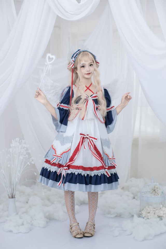 春夏新作ゴスロリワンピース ドレス ロリィタ OP七分袖 膝丈 Lolita ロリータ コスプレ コスプレ 日常 可愛い洋服キュート中華風海軍